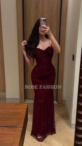 فستان سهرة خمري لامع بقصة حورية - ROSE FASHION 