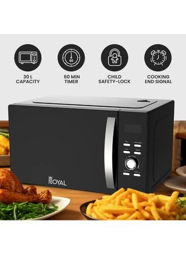ميكروويف من رويال 950 واط سعة: 30 لتر - 220-240 فولت 50/60Hz |-  مع قابس BS | لوحة فاخرة | 5 مستويات طاقة | مؤقت ميكانيكي لمدة 60 دقيقة مع حلقة جرس | شاشة LCD