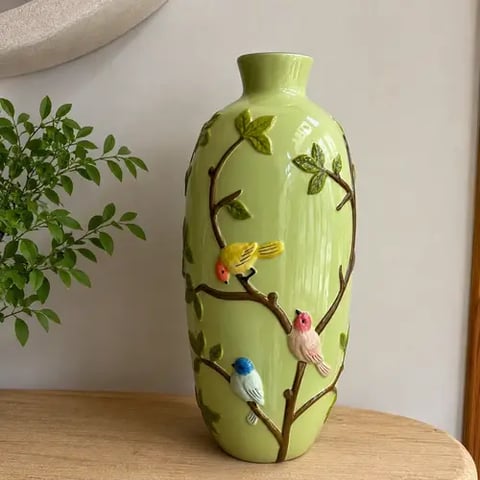 Green Ceramic Vase with Birds