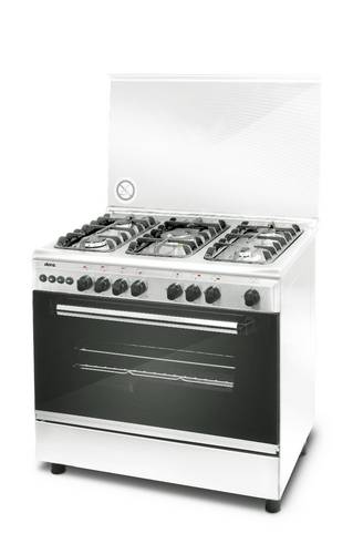 فرن غاز دورا 5 عيون 90×60 امان كامل سطح استيل جوانب سلفر مع مروحة (شبك عريض)