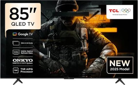 تلفزيون ذكي جوجل للألعاب 85P8K 85 بوصة 4K QLED و+HDR 10 و144 هرتز وهاي-فاي 2.1 أونكيو ودولبي أتموس وDTS فيرتشوال إكس وتقنية تقدير وتعويض الحركة وجيم ماستر 2025 من TCL
