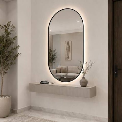 مرآة مضيئة بتصميم مقوس وإطار أسود 80 × 60 سم
