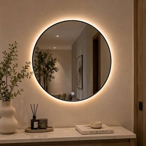 مرآة دائرية مضيئة بإطار أسود 80 × 80 سم