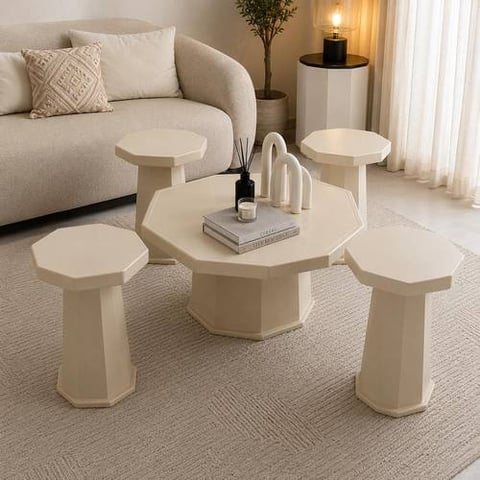 Hexagonal Wooden Serving Tables Set in Elegant Ivory Color