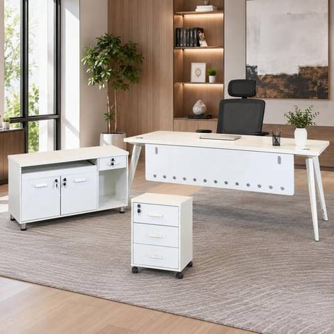 White 3-Piece Office Desk Set with Decorative Front 180 cm