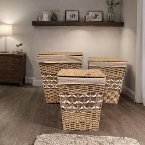 طقم سلال غسيل خوص بغطاء 3 قطع
