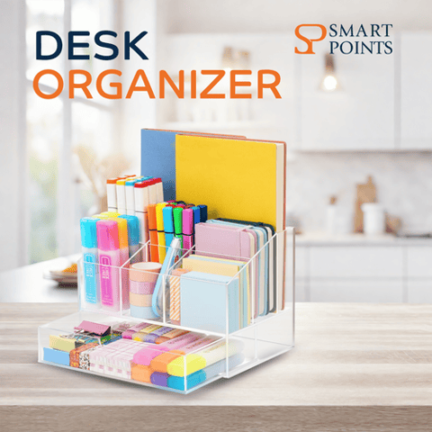 منظم مكاتب من الاكريليك من فيتفيتي، منظم اقلام شفاف مُطور للمكتب، 7 اقسام تخزين ومنظم اقلام مكتبية مع درج، لمستلزمات المكتب/الفن، يتسع لأكثر من 500 قلم رصاص