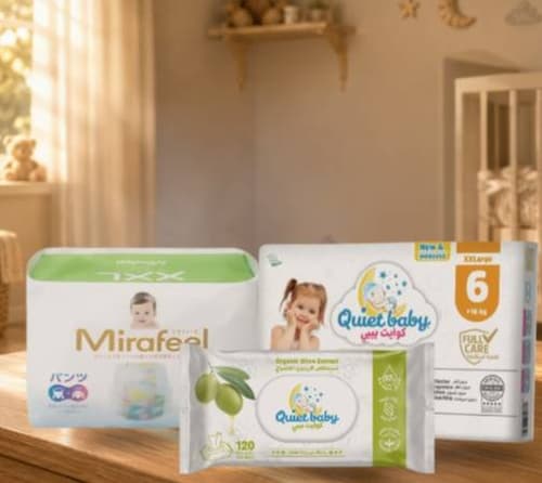 Quiet baby - حفاضات ميرافيل مقاس 6 (30 حفاضة) + مقاس 6 (30 حفاضة) + مناديل مبللة