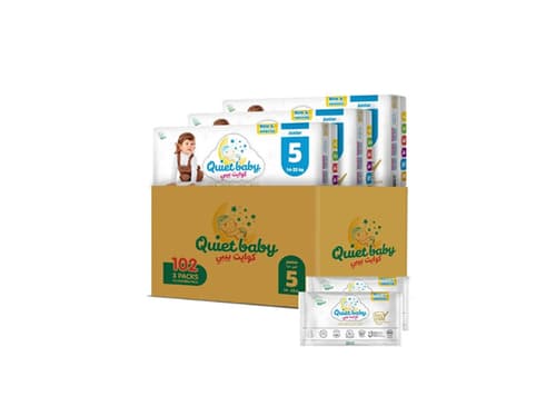 Quiet baby حفاضات مقاس 5 للأطفال من 14 إلى 25 كجم، علبة توفير كبيرة، 102 حفاضة (3 × 34) + 2 عبوة سفر
