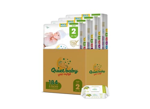 Quiet baby حفاضات مقاس ٢ للأطفال من ٣.٥ إلى ٧ كجم، علبة توفير كبيرة، ١٨٤ حفاضة (٤ × ٤٦) + ١٢٠ منديل مبلل مجاناً
