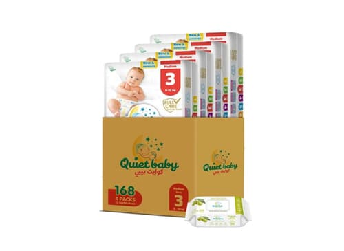 Quiet baby - حفاضات أطفال مقاس 3 (6-12 كجم)، علبة توفير كبيرة تحتوي على 152 حفاضة (4 × 42) + 120 منديل مبلل مجاناً
