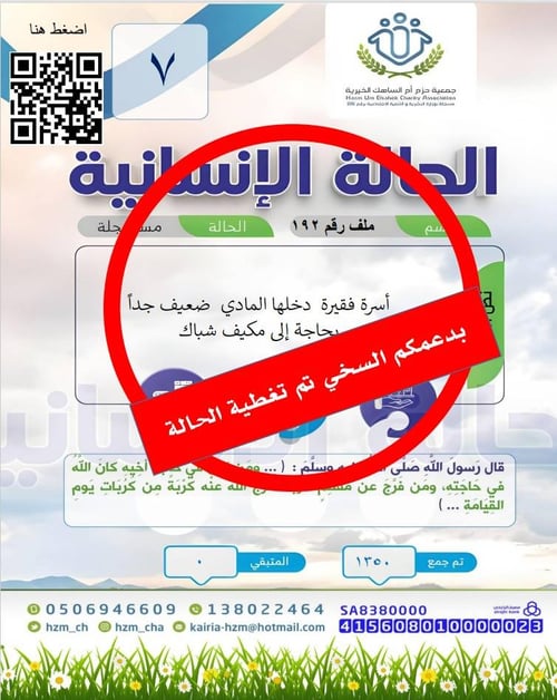 تم تغطية الحالة الإنسانية ( 7 ) أسرة فقيرة بحاجة إلى مكيف شباك