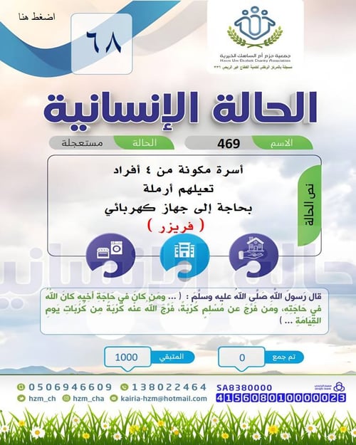 الحالة الإنسانية 68 : أرملة تعيل 4 أفراد بحاجة إلى جهاز كهربائي
