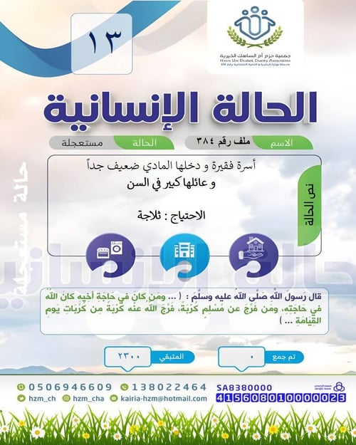 الحالة 13 : أسرة فقيرة و دخلها المادي ضعيف جداً و عائلها كبير في السن بحاجة إلى ثلاجة