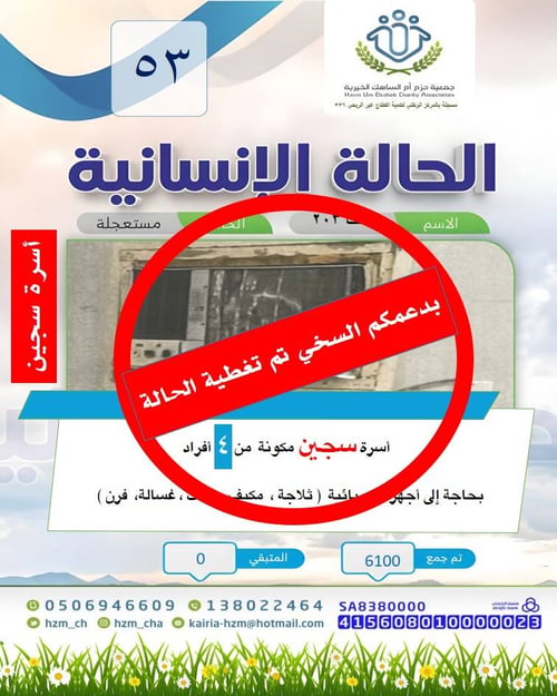 الحالة الإنسانية 53  أسرة سجين مكونة من 4 أفراد بحاجة إلى تبرعكم