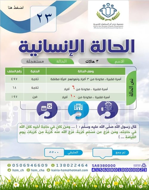 الحالة الإنسانية 23 ثلاثة أسر بحاجة إلى ( أجهزة أساسية )