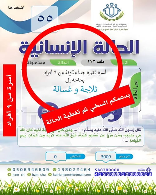 الحالة الإنسانية 55 عائلة فقيرة من 9 أفراد بحاجة إلى أجهزة كهربائية