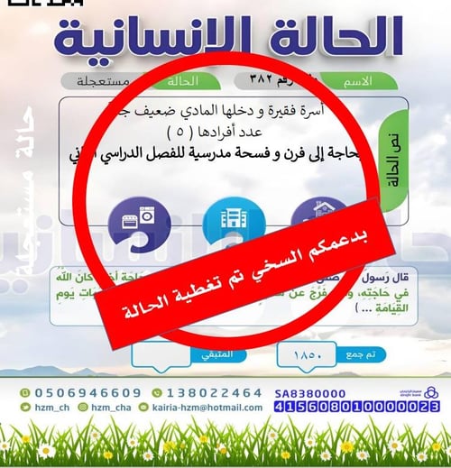 الحالة 16 : أسرة فقيرة و دخلها المادي ضعيف جداً   عدد أفرادها ( 5 ) بحاجة إلى فرن و فسحة مدرسية للفصل الدراسي الثاني