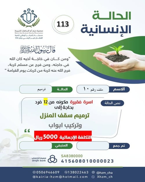 الحالة الإنسانية 113 : أسرة فقيرة مكونة 12 فرد بحاجة إلى ترميم