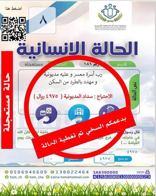 الحالة الثامنة  : عاجل جداً : رب أسرة معسر و عليه مديونية و مهدد بالطرد من السكن 