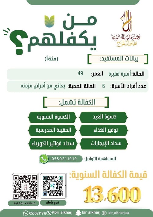 كفالة أسرة فقيرة والدهم مرضه مزمن