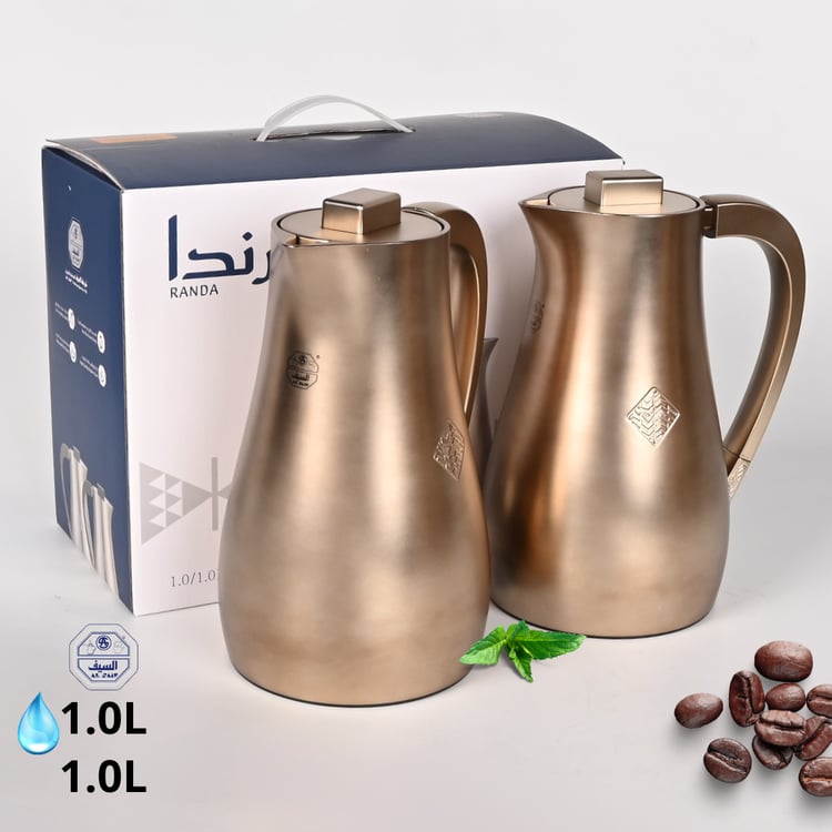طقم ترامس رندا 2 حبة سعة 1.0 لتر لون نيكل مطفي – ترامس قهوة وشاي حرارية بتصميم أنيق لطقم الضيافة والتقديم المناسب للمجالس والضيوف