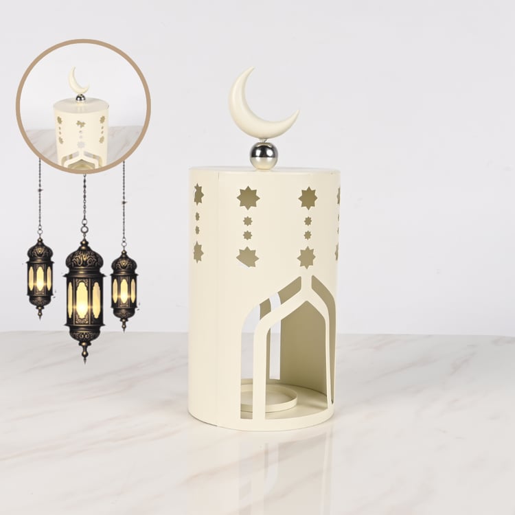 فانوس رمضان معدني مقاس 32 سم أبيض كريمي – حامل شموع بزخارف ونقوش نجمية