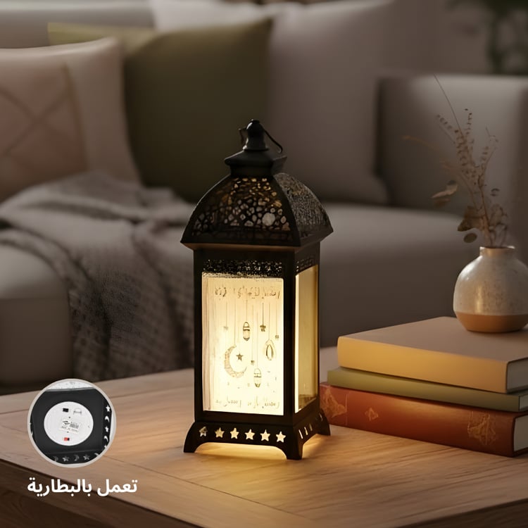 فانوس رمضان ليد حديد اسود مع زجاج فضي - تصميم انيق بنقشة اسلامية  