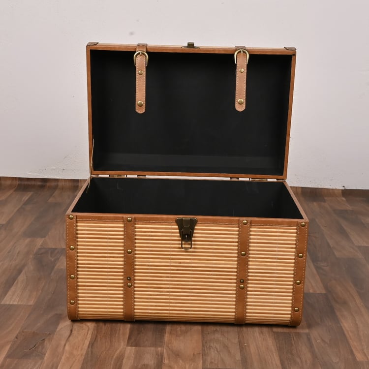 صندوق سجاد خشب ملبس جلد بني مع بيج 54×36×36 سم مستطيل – صندوق تخزين وتنظيم كلاسيكي فاخر للمفروشات والبطانيات والسجاد 