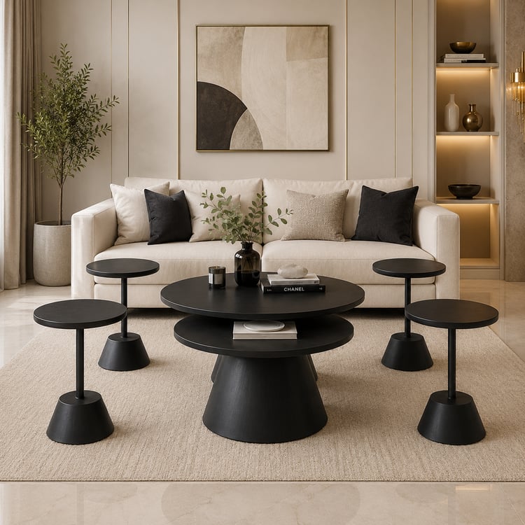 طقم طاولات ضيافة مودرن 6 قطع (2+4) مدورة من خشب السنديان – طاولات قهوة وسط بتصميم عصري فاخر متعددة الاستخدامات لغرفة المعيشة والمجالس والديكور المنزلي
