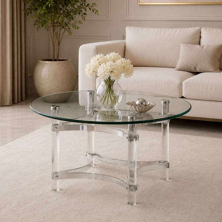 طاولة قهوة رافيزرا مدورة 90×90 سم سطح زجاج شفاف مع إطار أسود أنيق – طاولة كوفي عصرية لغرف المعيشة والمجالس