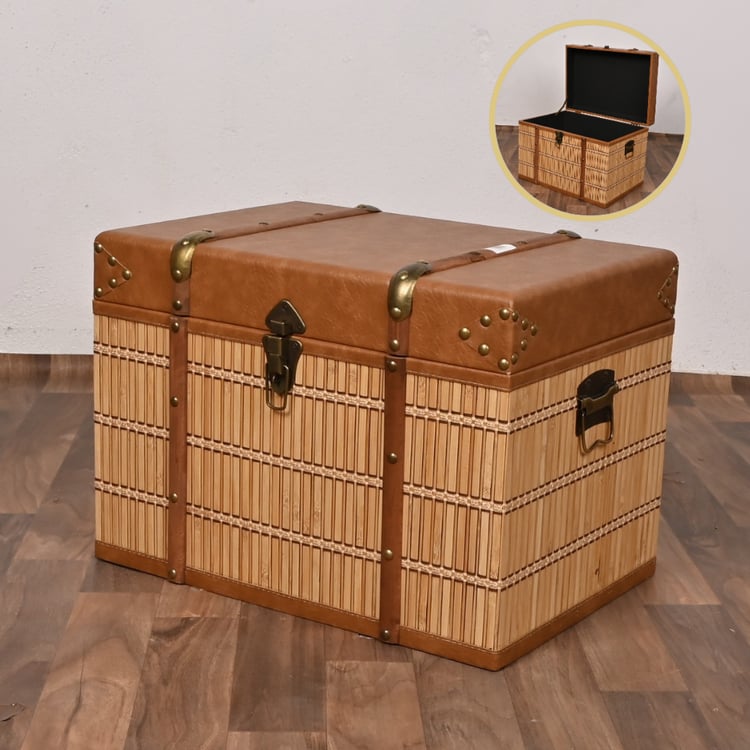 صندوق سجاد خشب ملبس جلد 50×35×36 سم مستطيل لون بني – صندوق تخزين وتنظيم كلاسيكي أنيق بتصميم فاخر وغطاء متين