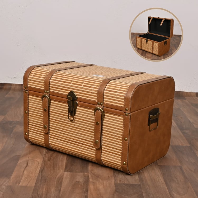 صندوق سجاد خشب ملبس جلد بني مع بيج 48×31.5×31 سم مستطيل – صندوق تخزين وتنظيم كلاسيكي فاخر للمفروشات والبطانيات والسجاد 