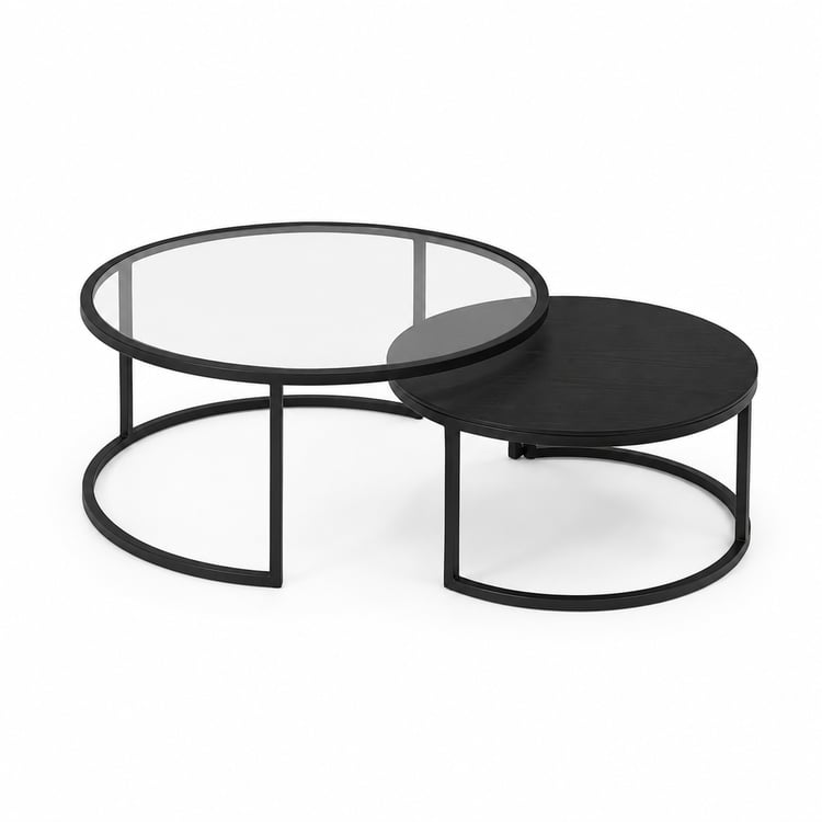 طقم طاولات قهوة همريجا 1+1 قطعة مدورة ومتداخلة بسطح زجاج وخشب سنديان فاخر بتصميم مودرن أنيق لطاولات الضيافة وغرف المعيشة والمجالس