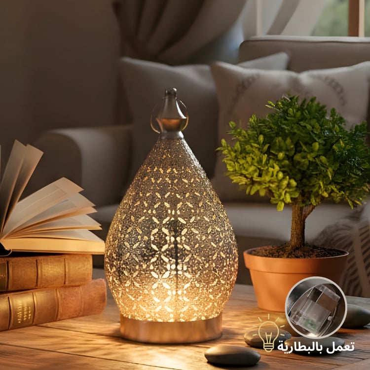 فانوس رمضان ليد فضي فاخر مقاس 31 سم لون فضي – مثالي لديكور المنزل في رمضان
