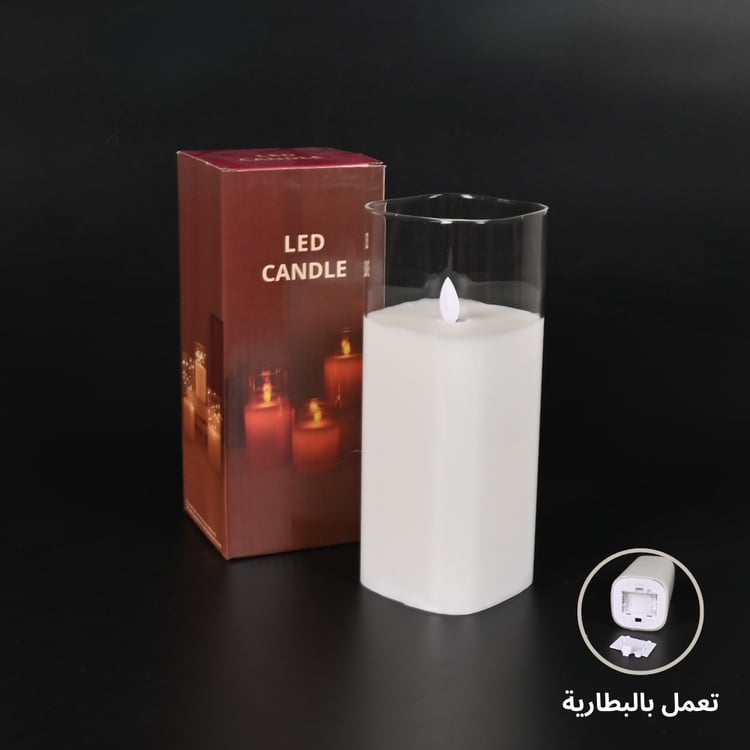 شمعة ليد زجاج 20×8 سم مربعة عديمة اللهب لون شفاف – تصميم فاخر من الشمع لإضاءة ديكورية أنيقة ومثالية للمنازل والمناسبات