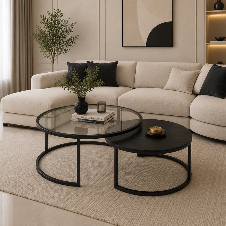 طقم طاولات قهوة همريجا 1+1 قطعة مدورة ومتداخلة بسطح زجاج وخشب سنديان فاخر بتصميم مودرن أنيق لطاولات الضيافة وغرف المعيشة والمجالس