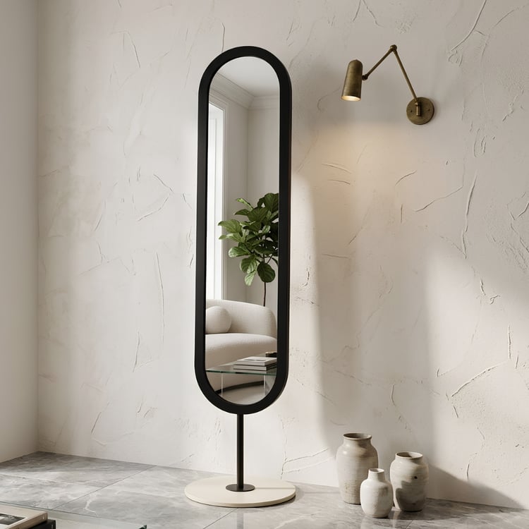 مراية أرضية زينثارا بقاعدة مدورة 169×40 سم لون أسود – مرآة واقفة كاملة الطول بتصميم عصري فاخر وإطار أنيق للمداخل وغرف النوم وغرف الملابس والديكور الحديث