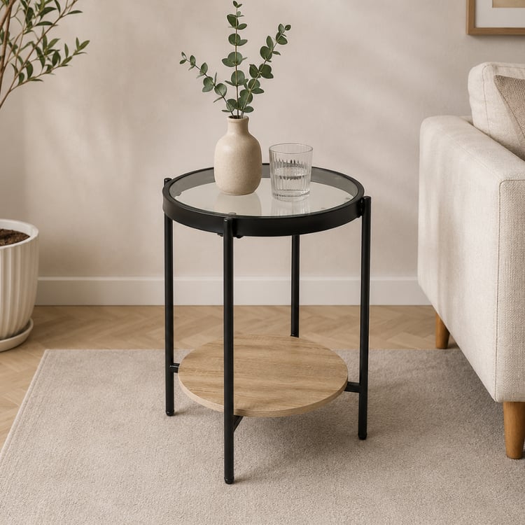 طاولة خدمة ازنترا زجاج مع خشب لون بني مع أسود فاخر – طاولة جانبية أنيقة بتصميم عصري راقٍ للمجالس وغرف المعيشة والاستقبال وتقديم الضيافة