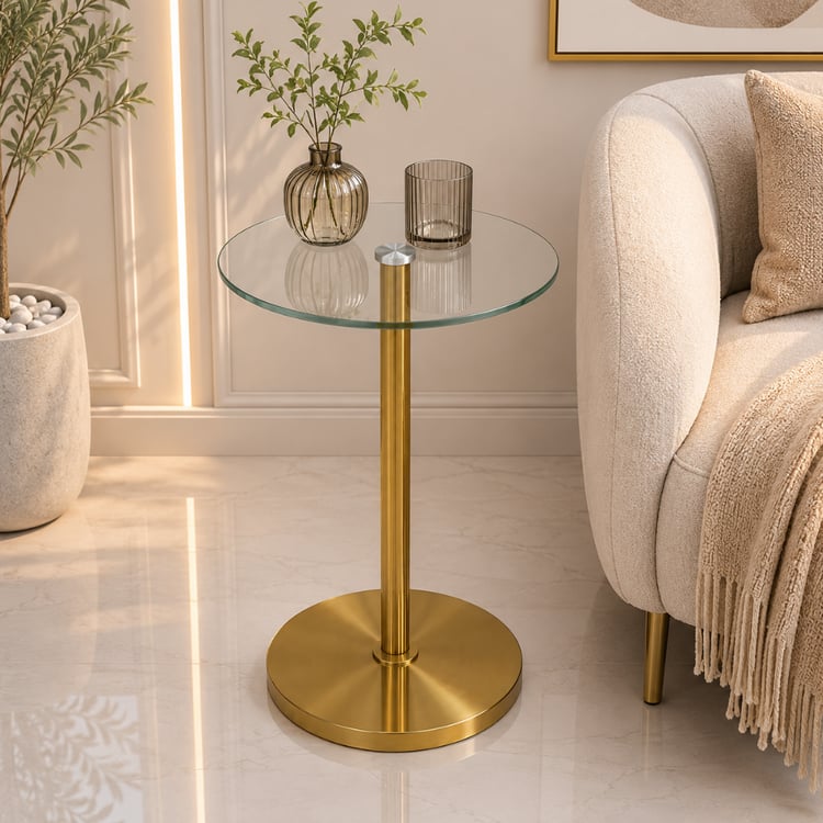 طاولة خدمة جانبية مدورة بسطح زجاج مقاس 35×55 سم لون ذهبي – طاولة صالون فوكسرنا عصرية أنيقة لغرفة المعيشة 
