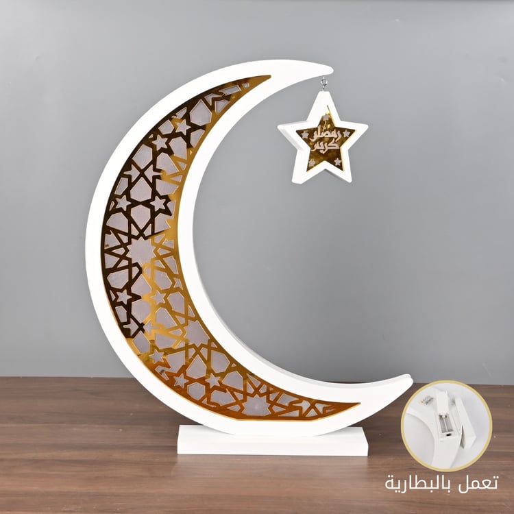 ديكور رمضان هلال ليد مع نجمة خشبي مقاس 62 سم ذهبي منقوش – مزود بعبارة رمضان كريم