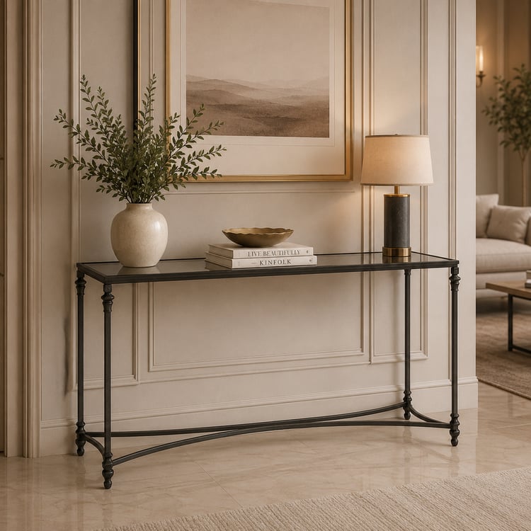 طاولة مدخل بولاريسا 120×40 سم بسطح زجاج بني فاخر – كونسول مدخل بتصميم عصري أنيق، طاولة ديكور متعددة الاستخدامات للمداخل والممرات وصالات الاستقبال