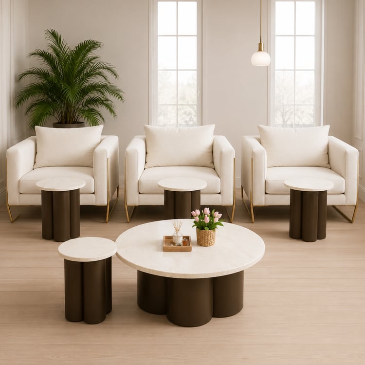 طقم طاولات قهوة تيرالون مودرن 5 قطع (1+4) مدورة بسطح بديل رخام – طاولات ضيافة وسط بتصميم عصري فاخر لغرفة المعيشة والمجالس والديكور المنزلي