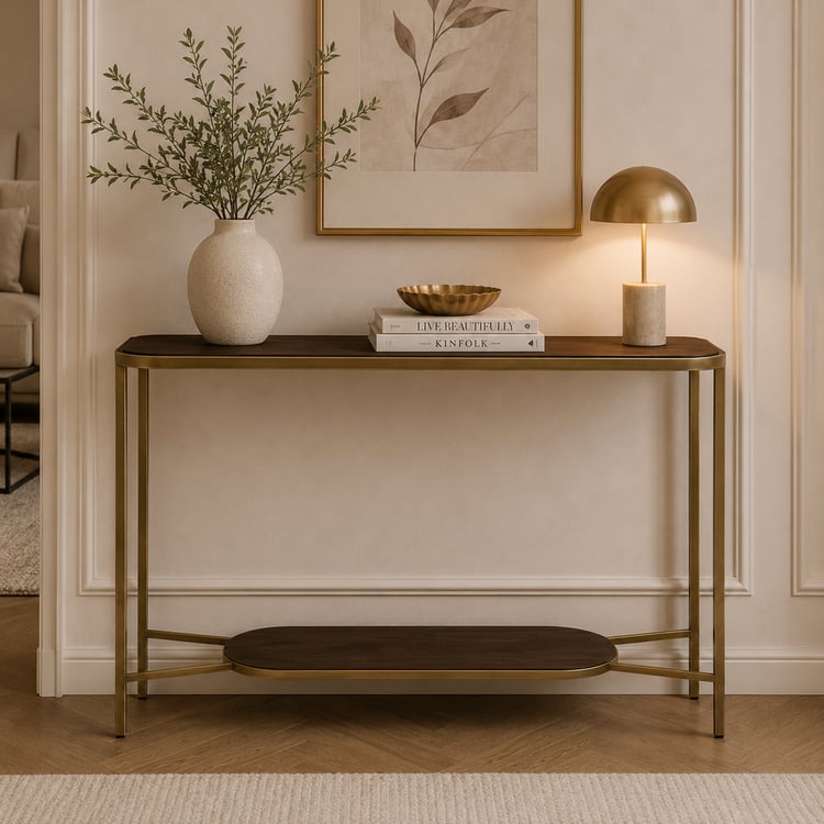 كونسول تالينث دورين 120×40 سم خشبي مع سطح زجاج – طاولة مدخل مودرن فاخر بطابقين بتصميم عصري أنيق، كونسول ديكور متعدد الاستخدامات للمداخل