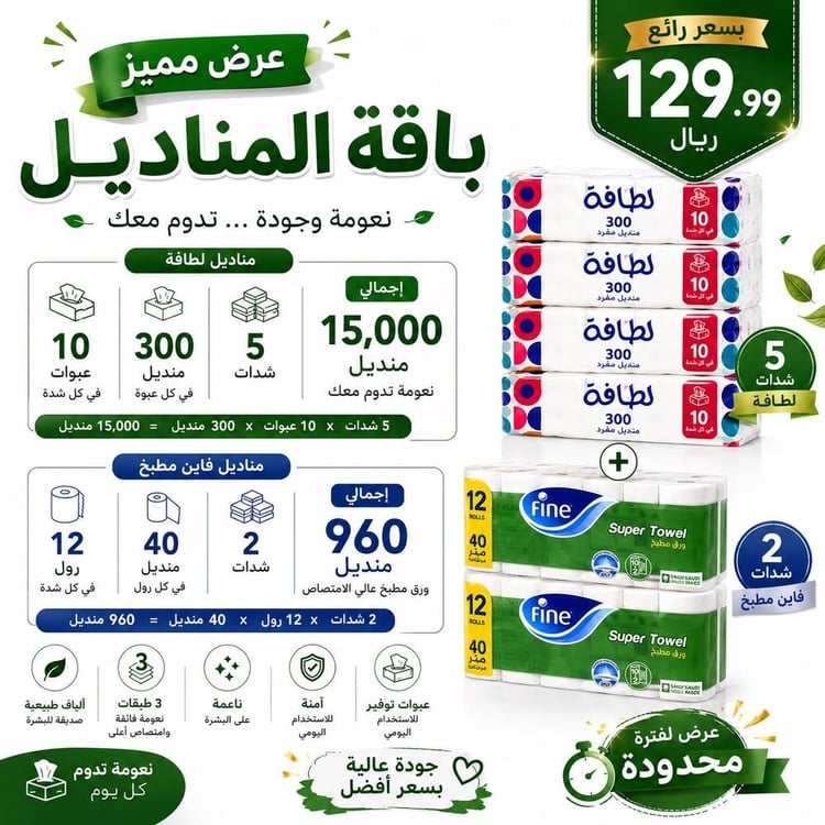 باقة المناديل الأساسية – 5 شدات مناديل ورقية ناعمة مع 24 رول مطبخ عالي الامتصاص للاستخدام اليومي والمنزلي والضيافة