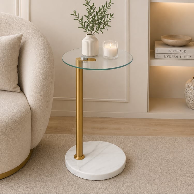 طاولة جانبية مدورة سطح زجاج مع قاعدة سيراميك مقاس 35×55 سم لون ذهبي – طاولة خدمة تيرنزا أنيقة وفخمة للكنب والصالة وغرفة المعيشة 
