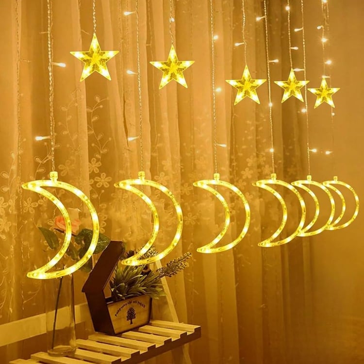 سلك إضاءة رمضاني هلال ونجوم – مقاس 300×65 سم تصميم أنيق للزينة الرمضانية