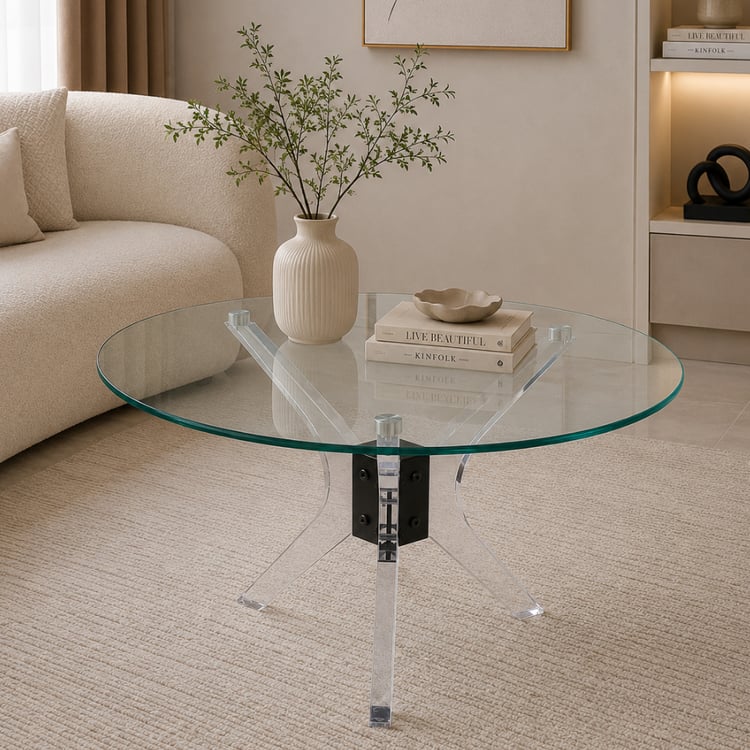 طاولة شاي تاليروفا مدورة 80×80 سم سطح زجاج شفاف مع إطار اسود – طاولة وسط كوفي مودرن أنيقة لغرف المعيشة والمجالس والاستقبال بتصميم عصري راقٍ
