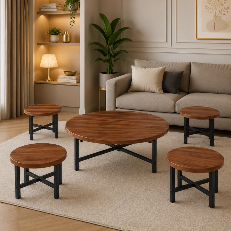 طقم طاولات أرضية زيفرو الخشبية الفاخرة المدورة 1+4 قطع لون بني – طاولات قهوة وشاي بتصميم عصري راقٍ للمجالس الأرضية والضيافة الأنيقة
