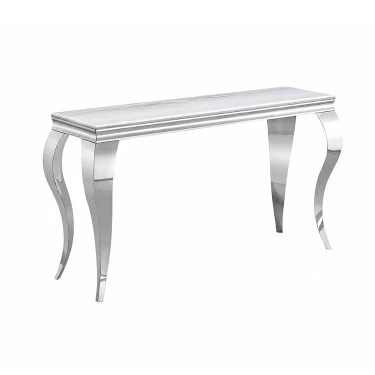 كونسول زيلور الفاخر 140 سم – طاولة مدخل رخام بإطار ستيل فضي بتصميم عصري راقٍ يضفي لمسة من الفخامة والأناقة على المنزل